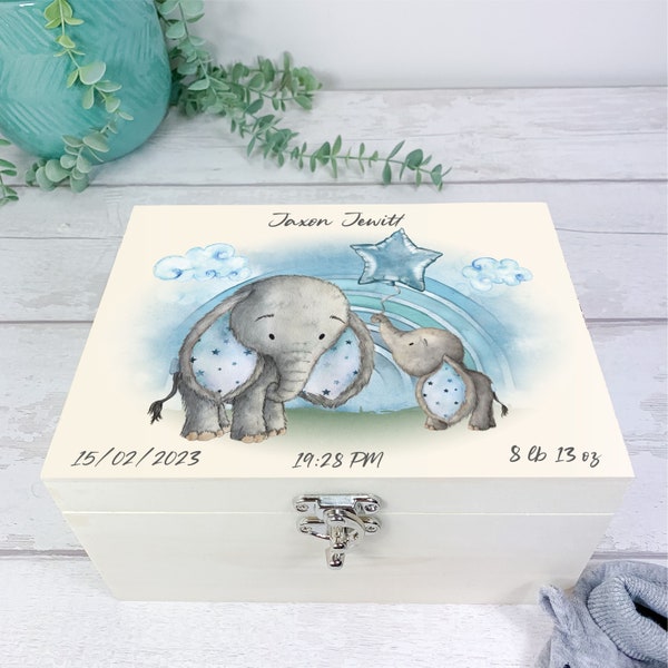 Baby Keepsake Box, Memory Box. Personalised Baby's Name. Baby Shower, Pregnancy or Newborn Baby Gift. Blue Elephant Theme