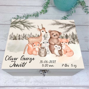 Baby Keepsake Box, Memory Box. Personalised Baby's Name. Baby Shower, Pregnancy or Newborn Baby Gift. Woodland Animal Theme