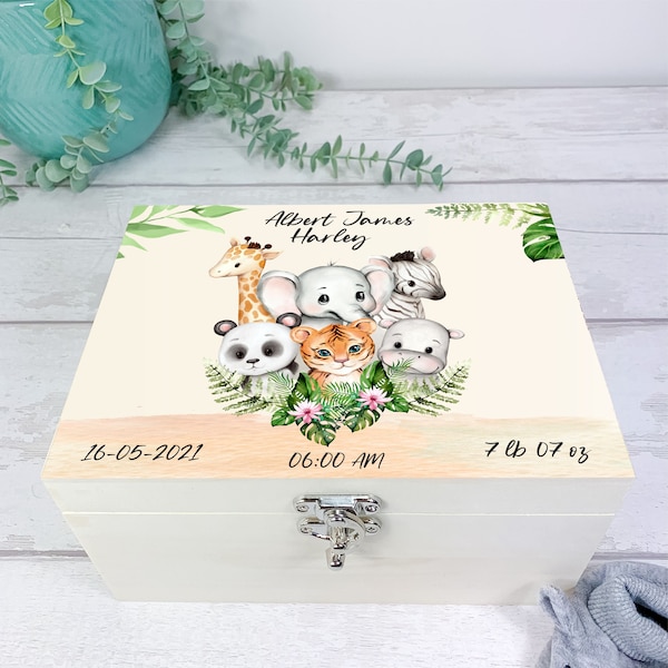 Baby Keepsake Box, Memory Box. Personalised Baby's Name. Baby Shower, Pregnancy or Newborn Baby Gift. Jungle Animal Theme