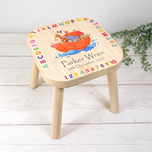 Personalised Child's Noah's Ark Stool, Kid's Wooden Stool. Birth, 1st Birthday, Christening Gift. Customised with Name and Date Of Event