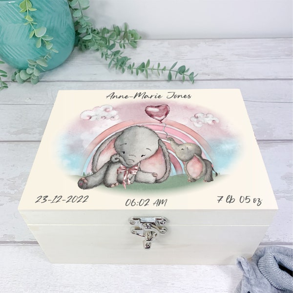 Baby Keepsake Box, Memory Box. Personalised Baby's Name. Baby Shower, Pregnancy or Newborn Baby Gift. Pink Elephant Theme
