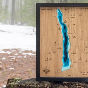 Torch Lake Michigan Topographic Map, Multilayer 3D Wall Art, Handcrafted Custom Engraved and Framed, Gift for him, her, hostess, birthday