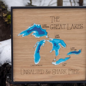 Mapa topográfico de los Grandes Lagos, regalo de decoración de pared personalizado pintado a mano en 3D multicapa enmarcado a mano, arte náutico de cualquier lago o río del mundo