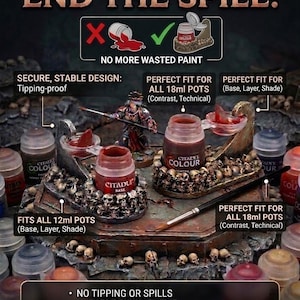 May include: Citadel paint pot holders featuring a skull-themed design to prevent spills. The holders are compatible with 12ml and 18ml Citadel paint pots. Text includes: CITADEL PAINT POT HOLDERS: END THE SPILL! NO MORE WASTED PAINT, SECURE, STABLE DESIGN.