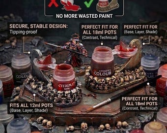 May include: Citadel paint pot holders featuring a skull-themed base designed to prevent tipping and spills. The holders accommodate 12ml and 18ml Citadel paint pots. Text includes CITADEL PAINT POT HOLDERS: END THE SPILL!