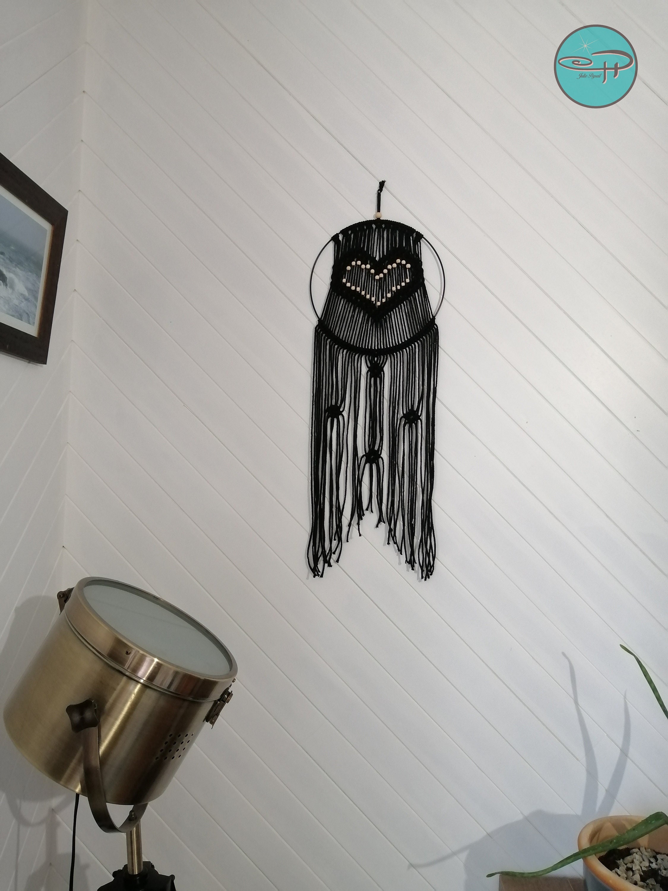 Suspension Murale, Capteur Cœur Macramé Noir, Fait Main