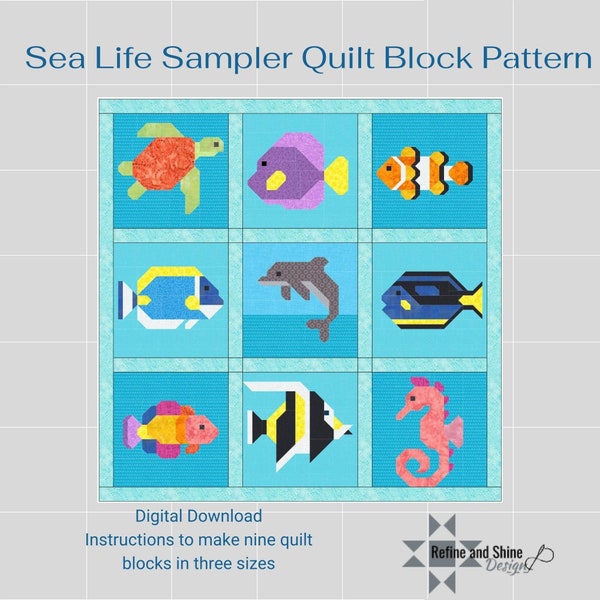 Sea Life Sampler Quilt Pattern Pack pdf set of 9 fish and ocean creature quilt block patterns