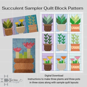 Op de afbeelding: Een digitale download van een quiltblokpatroon met vetplanten in potten. Het patroon bevat instructies voor het maken van drie planten en drie potten in drie maten, samen met voorbeelden van quiltindelingen. De afbeelding toont voorbeelden van de voltooide blokken.