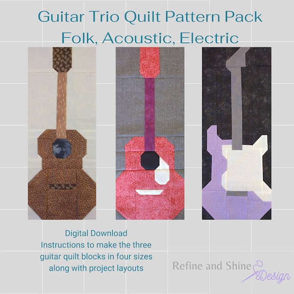 Guitar Trio, Acoustic, Folk, Electric Guitar Quilt Block PDF Patterns, Set of three guitar downloadable guitar quilt block patterns