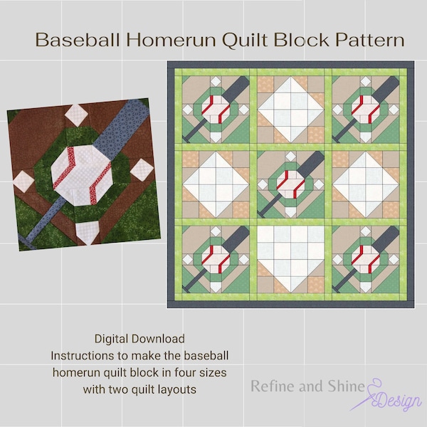 Baseball Homerun Quilt Block PDF Pattern
