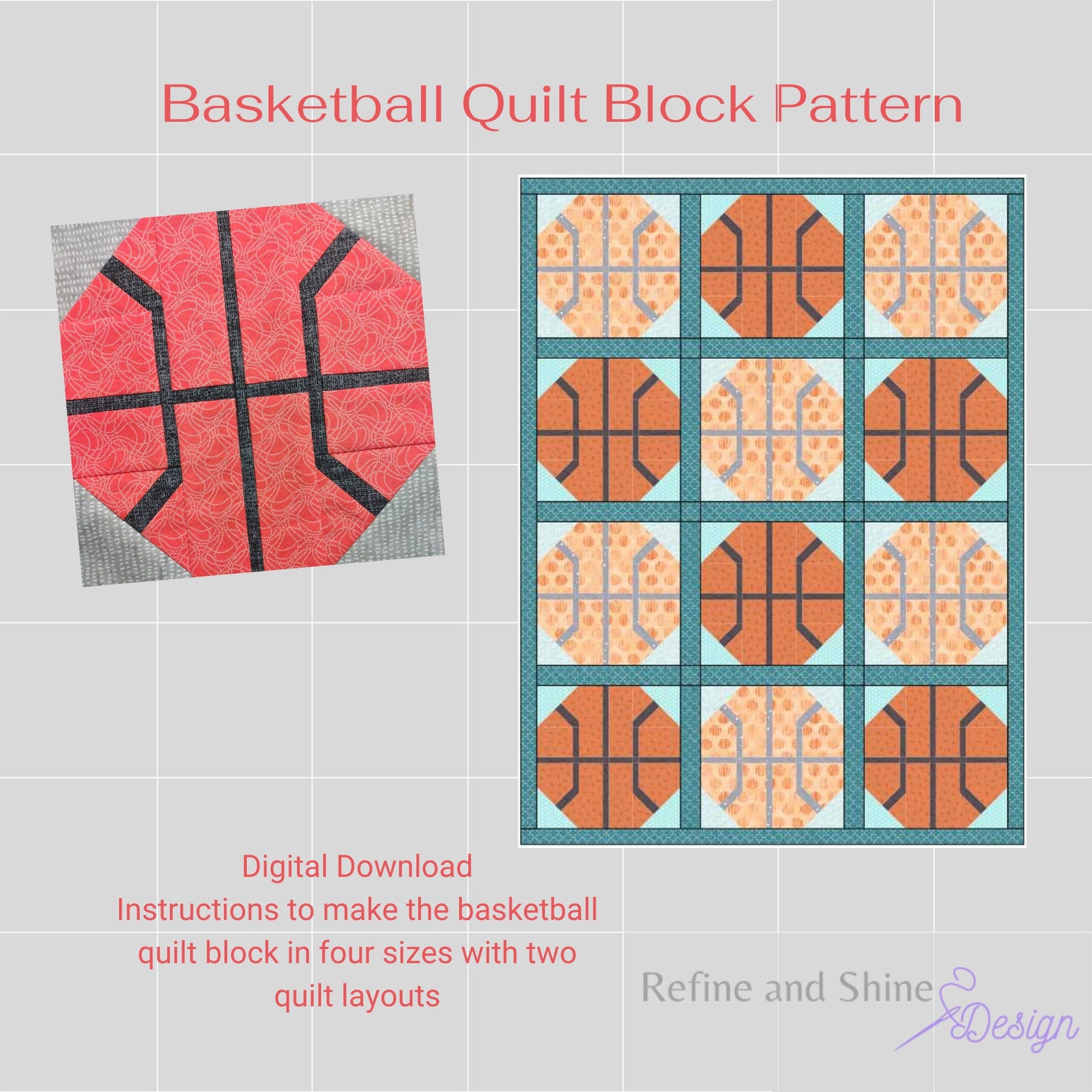 Basketball Quilt Block PDF Pattern Etsy