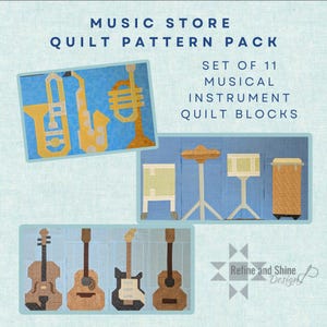 Può includere: Un set di modelli per trapunte con strumenti musicali. L'immagine mostra 11 blocchi di trapunte con disegni di tromba, sassofono, batteria e chitarre. Il testo "MUSIC STORE QUILT PATTERN PACK" è visibile in alto.