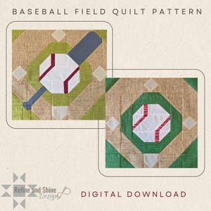 May include: Baseball field quilt pattern digital download. The design features two quilt blocks with baseball and bat motifs. The blocks are set against a tan and green background, with white and red accents. The text "Baseball Field Quilt Pattern" is at the top.