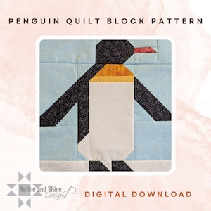 Pode incluir: Um padrão de bloco de colcha de pinguim com o texto "PENGUIN QUILT BLOCK PATTERN" no topo. O pinguim é preto, branco e laranja, em um fundo azul claro. As palavras "DIGITAL DOWNLOAD" estão na parte inferior.