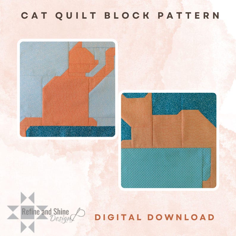 Cat Quilt Block PDF Pattern Set of Two Cute Animal Quilt Blocks ...