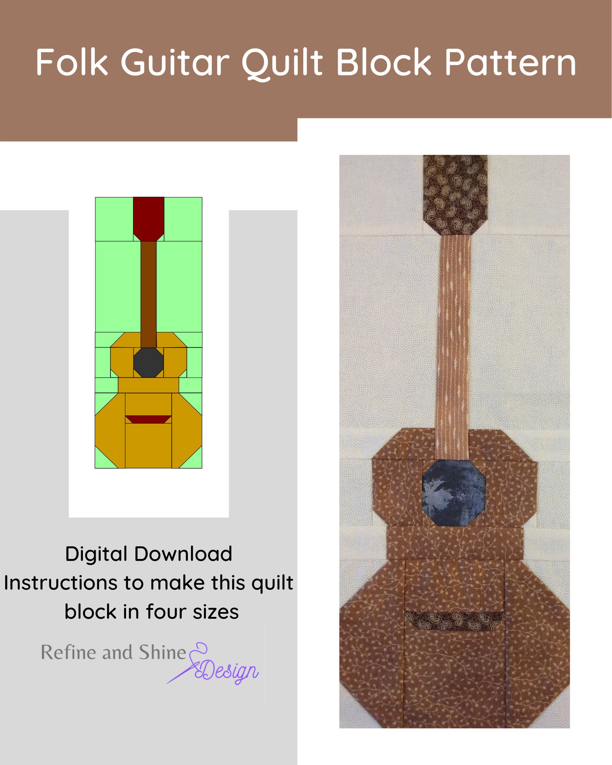 Folk Guitar Ukulele Quilt Block PDF Pattern Etsy