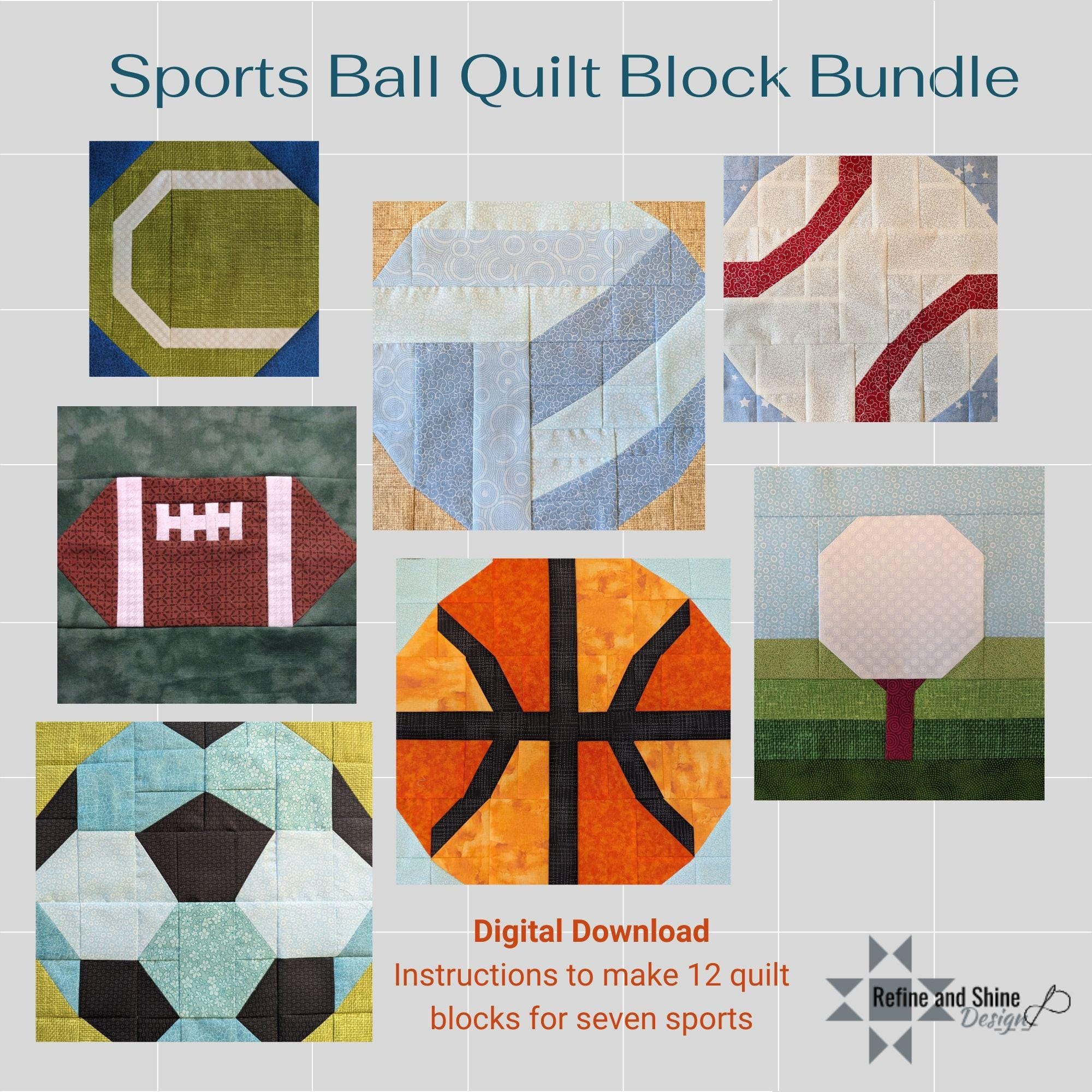 Sports Ball Bundle Quilt Pattern Pack, Set of 12 Quilt Blocks, Instant ...