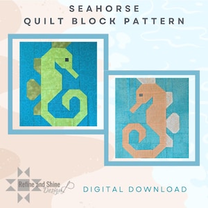 May include: A seahorse quilt block pattern digital download featuring two square blocks. One block shows a lime green seahorse on a blue background with circular patterns, and the other shows a peach seahorse on a teal background with swirls.