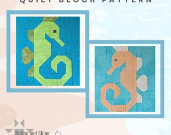 Può includere: Un modello di blocco per trapuntatura a forma di cavalluccio marino in download digitale con due blocchi quadrati. Un blocco mostra un cavalluccio marino verde lime su sfondo blu con motivi circolari, l'altro un cavalluccio marino color pesca su sfondo turchese.