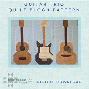 Guitar Trio, Acoustic, Folk, Electric Guitar Quilt Block PDF Patterns, Set of three guitar downloadable guitar quilt block patterns