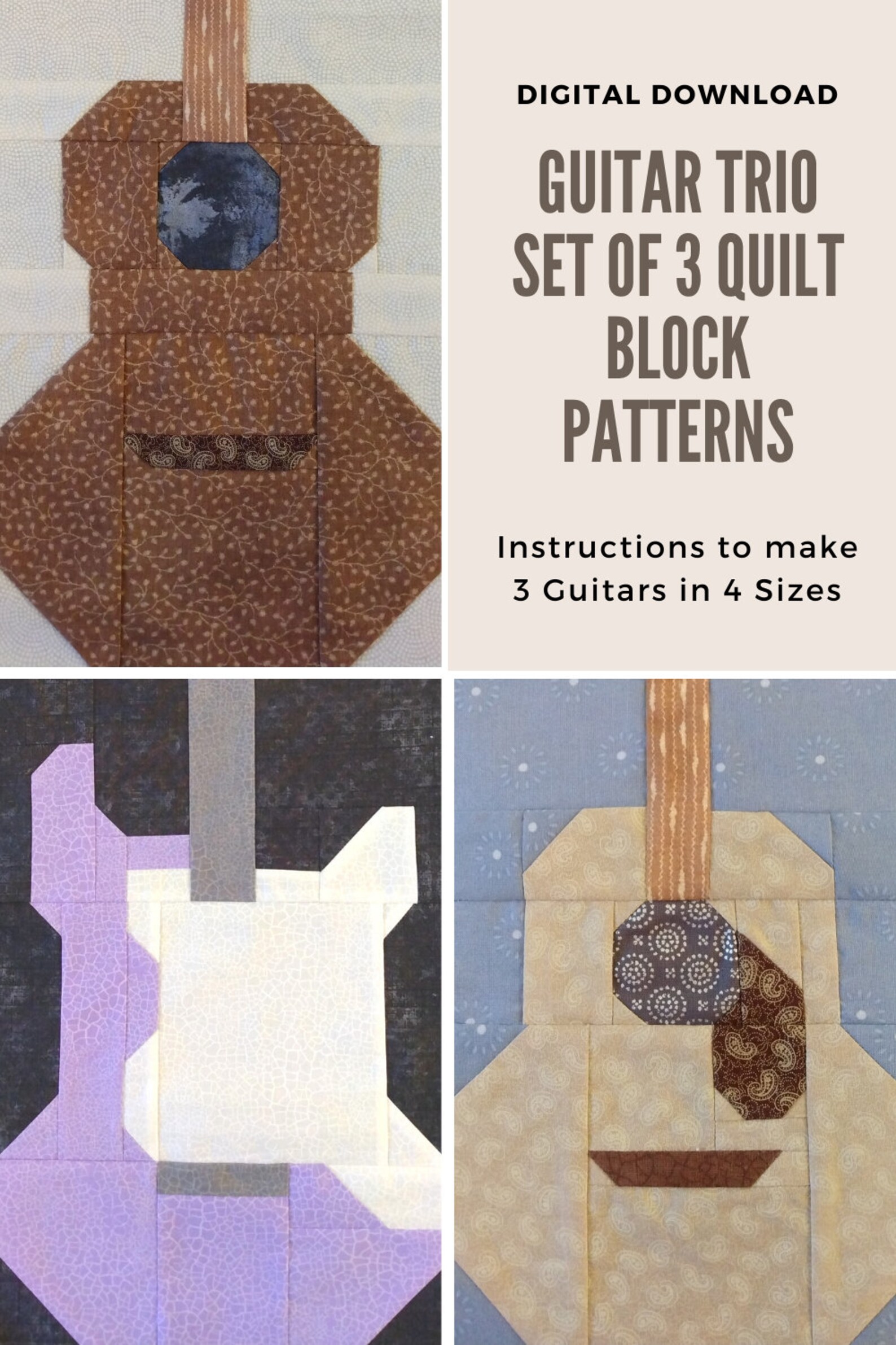 Guitar Trio Acoustic Folk Electric Guitar Quilt Block PDF Etsy