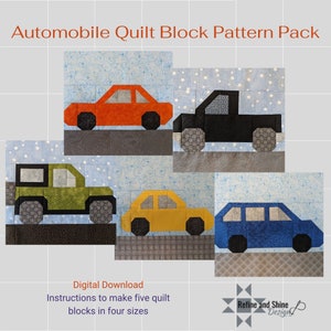 Automobile Quilt Block Pattern Pack. Instant download of 5 vehicle quilt blocks