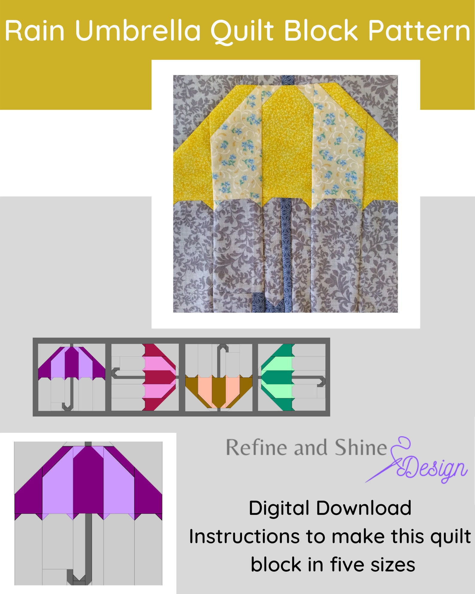 Rainy Day Umbrella Quilt Block PDF Pattern Etsy