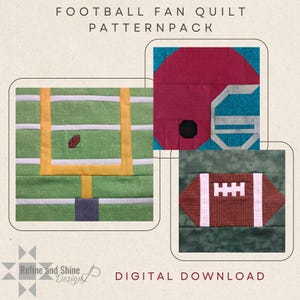Peut inclure: Un pack de patrons de quilt pour fan de football à télécharger numériquement. Le patron comprend trois blocs : un terrain de football, un casque de football et un ballon de football. Le patron est disponible en téléchargement numérique.