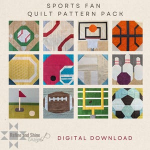 Sports Fan Quilt Pattern Pack instant download, set of 12 sports themed quilt blocks