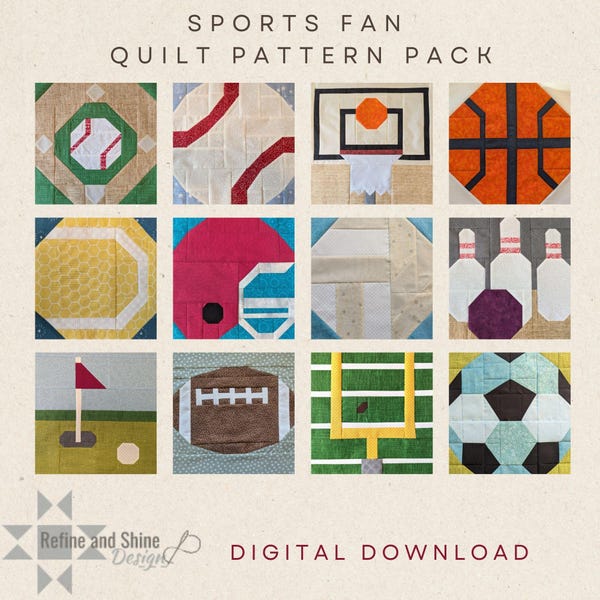 Sports Fan Quilt Pattern Pack, sofortiger Download, Set mit 12 Sport-Quiltblöcken