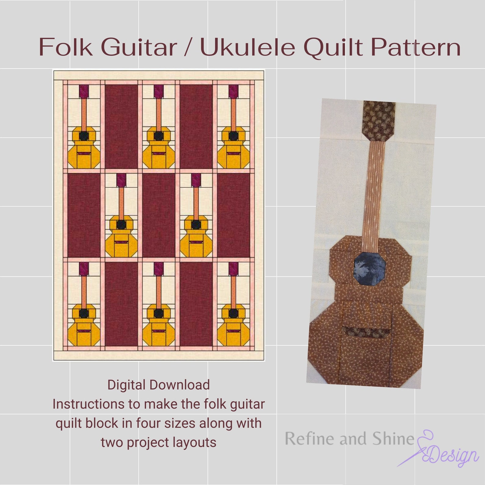 Folk Guitar ukulele Quilt Block PDF Pattern Etsy