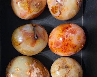 May include: Six polished agate stones in shades of orange, cream, and brown. Each stone has unique patterns and swirls, with some displaying concentric circles and others featuring linear striations. The stones are oval-shaped and appear smooth.