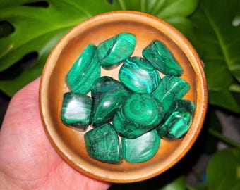 May include: A collection of polished malachite stones in a small, round, wooden bowl. The stones are a vibrant green with darker green patterns. The bowl is held in a hand, with green foliage in the background.