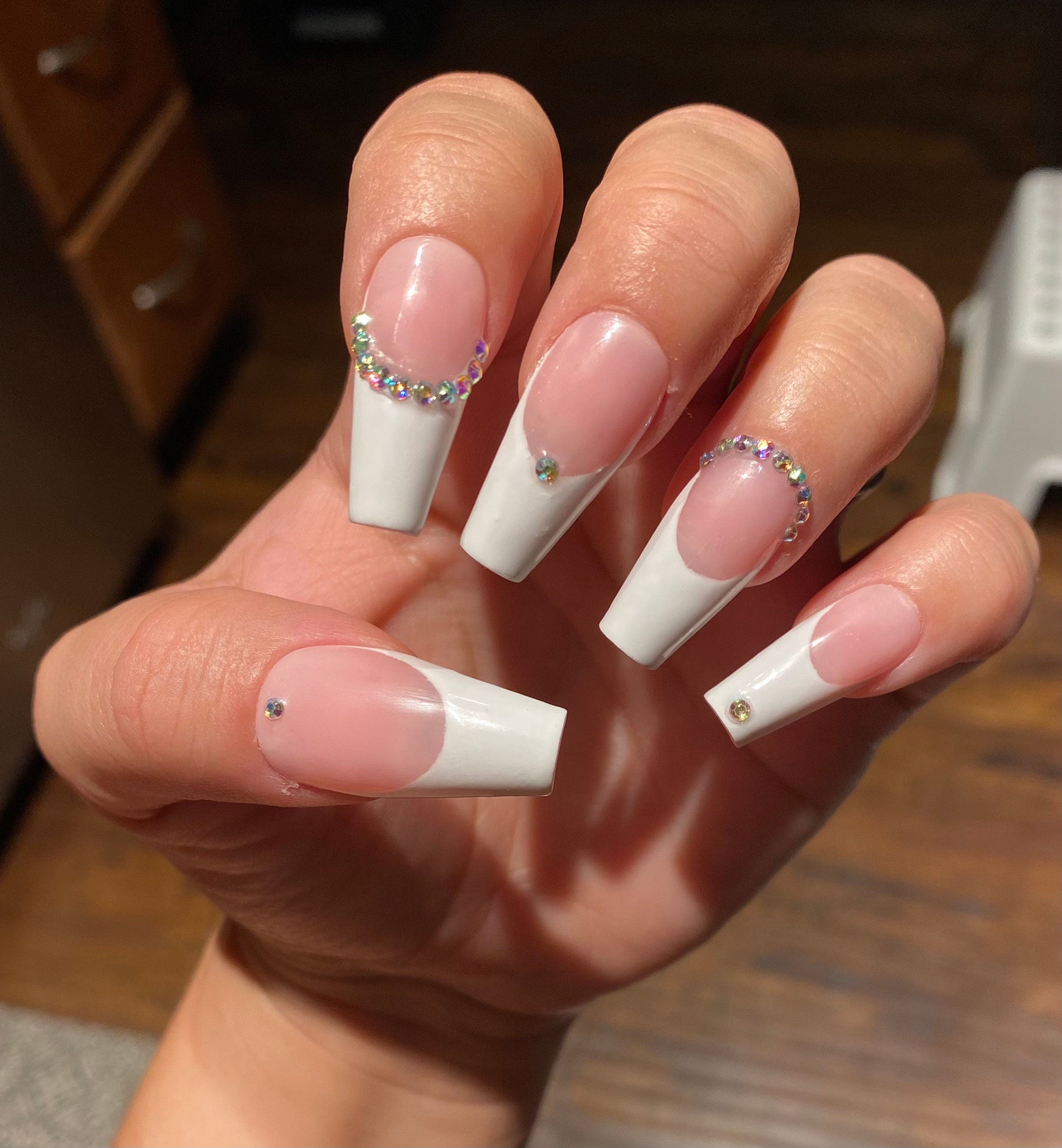 Medium Length French tip press on set with jewels Coffin Etsy