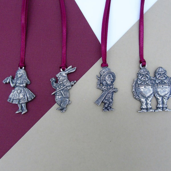 Set of Alice in Wonderland Pewter Decorations - Alice- Tweedles - Mad Hatter - White Rabbit - Alice Christmas Tree Decorations - Book Lover