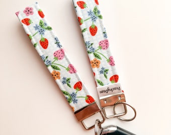 Strawberry Picnic Keychain Wristlet | Handmade Cotton Key Fob