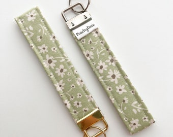 Sage Green Floral Keychain Wristlet, Handmade Cotton Key Fob