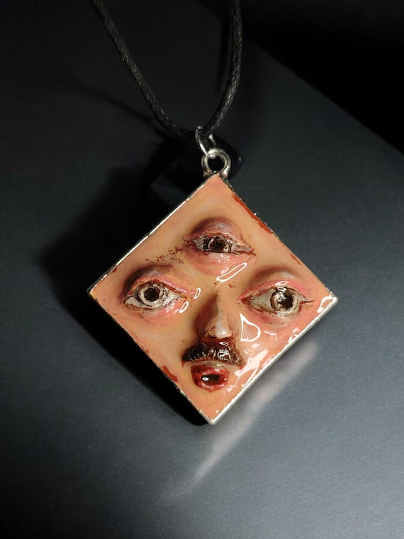 Third Eye Man Necklace – Handmade Clay Resin Surreal Statement