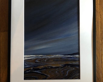 Original acrylic seascape on wood panel, ocean artwork, night sky, sky scape, atmospheric painting, acrylic pour art