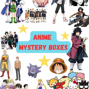 May include: A promotional image for Anime Mystery Boxes, featuring various anime characters and logos. The image includes characters from popular series, a blue banner with the text "ANIME MYSTERY BOXES", and yellow star accents.