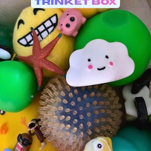 Puede incluir: Una caja llena de varios juguetes y baratijas coloridos. Incluye una cara sonriente amarilla, un cerdo rosa, una estrella de mar roja, una nube blanca y una bola azul con púas. El texto "FIDGET + TRINKET BOX" está en la parte superior.