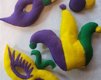Mardi Gras Combo, Felt item for wreath, wreath attachment, wreath enhancement, felt mardi gras items, felt mask, felt jester symbol