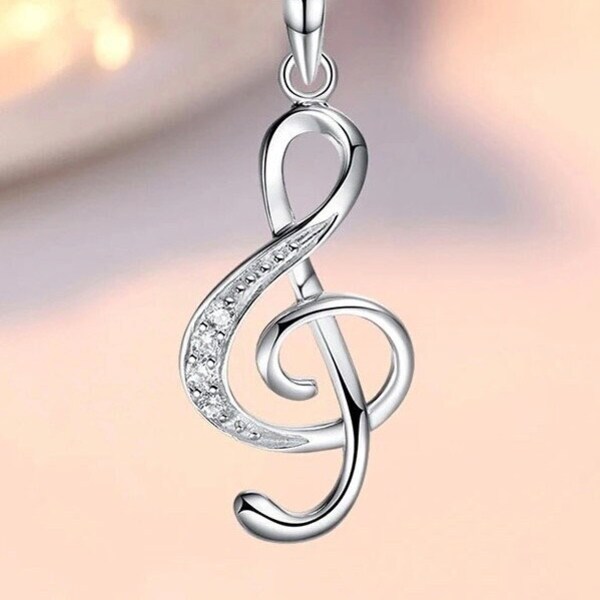 Musical Note Necklace - 925 Sterling Silver and Cubic Zirconia - Free 1st Class Tracked Delivery