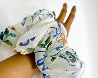 Luxurious Jumbo XL OVERSIZED Silky White Floral and Butterfly Print Chiffon Scrunchie