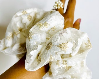 Luxurious Jumbo XL OVERSIZED White Floral Print Gold Embellished Lace Scrunchie