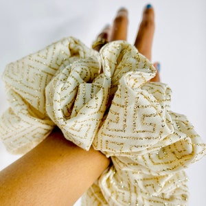 Luxurious Jumbo XL OVERSIZED Off-White/Cream Stretch Knit Gold Sparkle Glitter Scrunchie