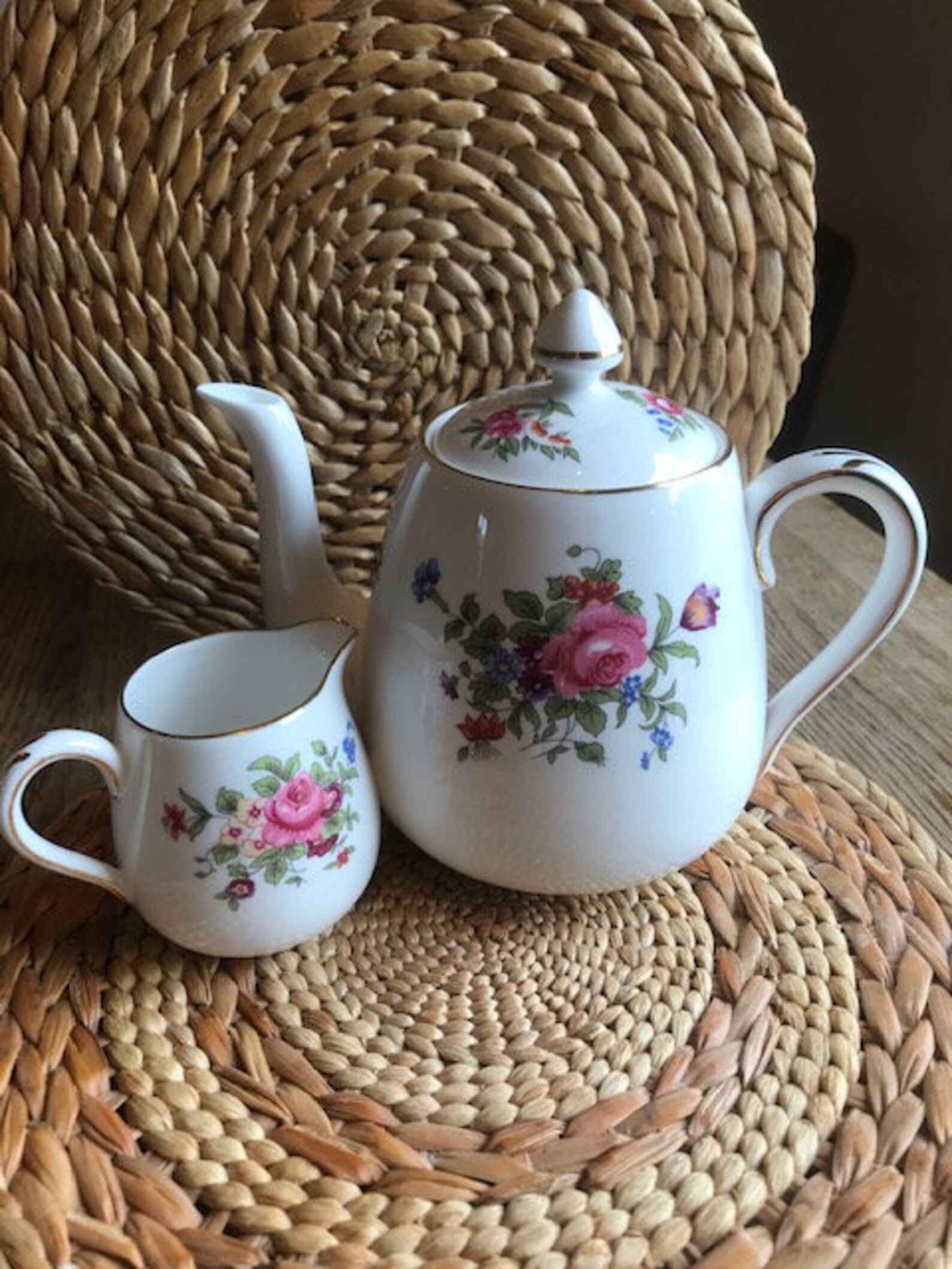 Crown Staffordshire Floral Bone China Tea Pot & Creamer Set Etsy