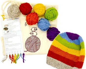Knitting Set "Ringed Hat" Rainbow Beanie DIY Project Bag Knitting Set Kit 100% German Organic Merino Wool Wool LGBT Pride Sheep Maker