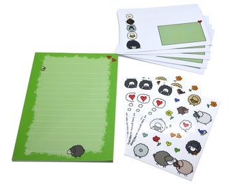 Briefpapier Set "Freche Schafe" - 1x Briefpapierblock, 5x Briefumschläge und 3x Stickerbögen Geschenkidee für Schulkinder Grundschule Schafe
