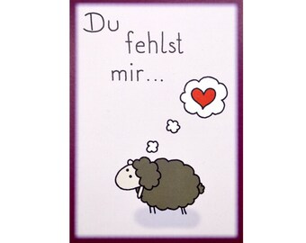 Sheep postcard "Miss you" 100% recycled paper A6 card Missing sheep Love Heart Animal Children Lamb Wool You are missing animal card
